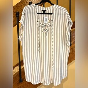 Torrid Blouse Taupe Cream Stripe Lace-Up Dolman Blouse Gauzy SZ. 1X /14-16 NWT